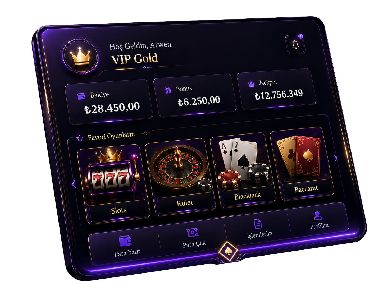 Casino Arwen oyuncu paneli